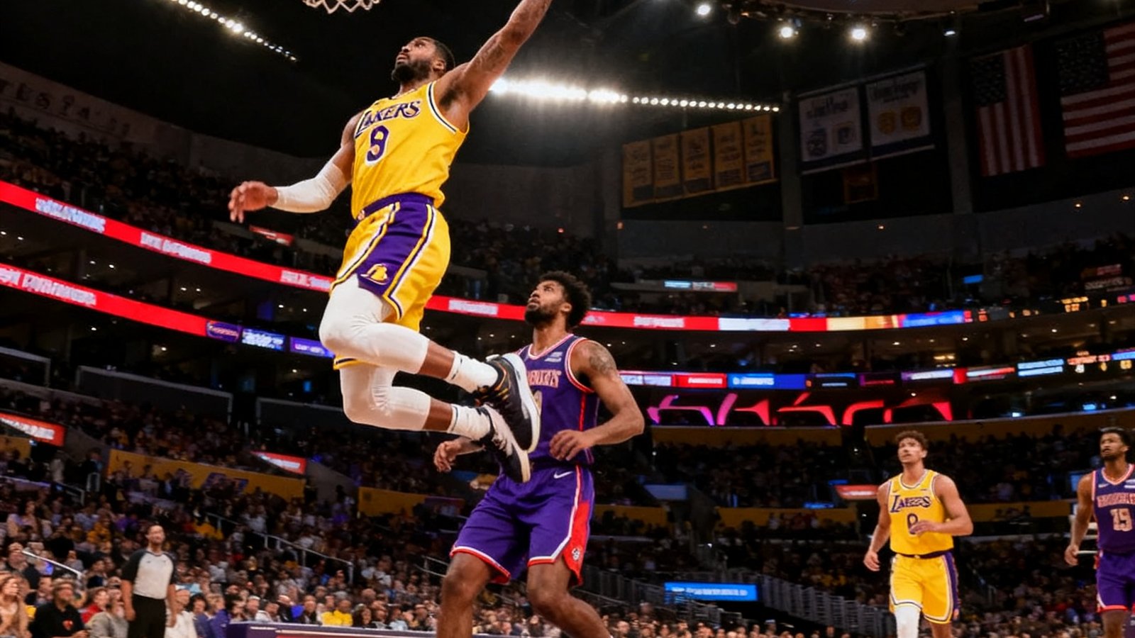 NBA常规赛洛杉矶湖人主场斯台普斯中心对阵金州勇士的高清直播画面，球员正在快攻上篮
